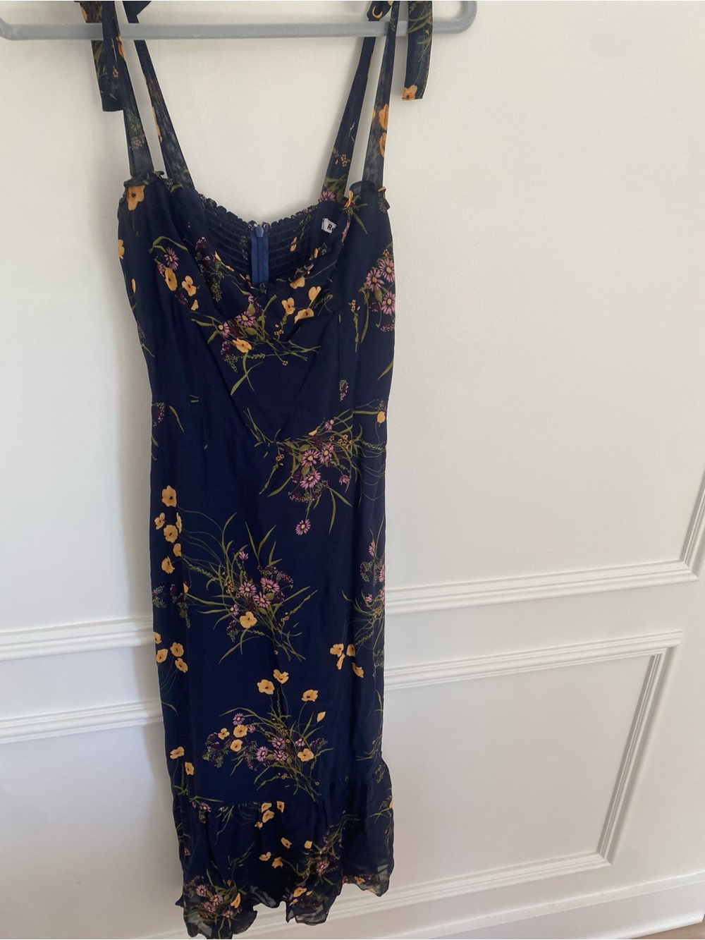 Reformation Navy Floral Tie-Strap Midi Dress
